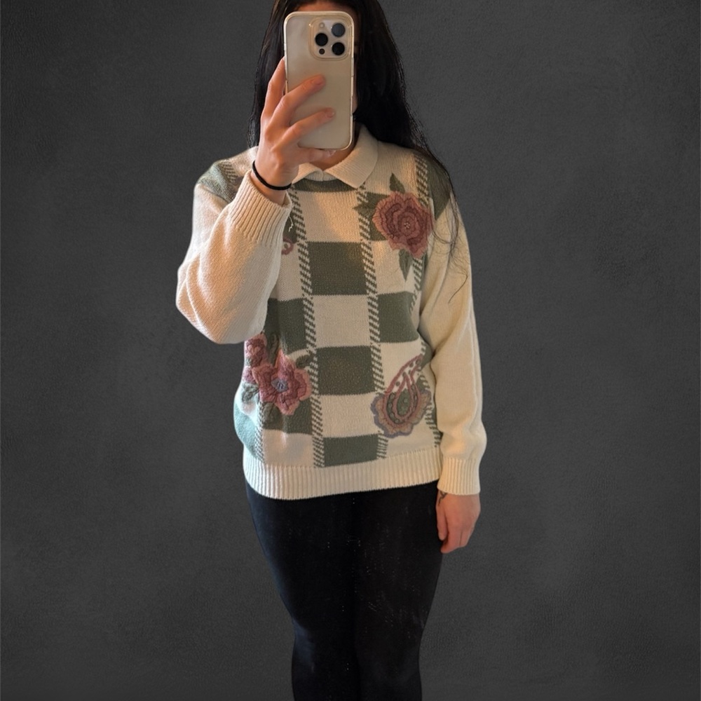 Floral Checkered Sweater - Cream and Green